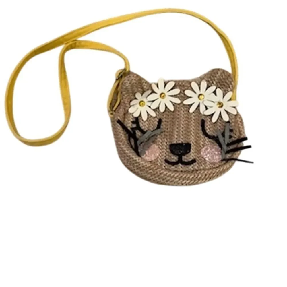 Women's Small Cat Face Straw Crossbody Bag with Floral Accents Casual cosplay‎